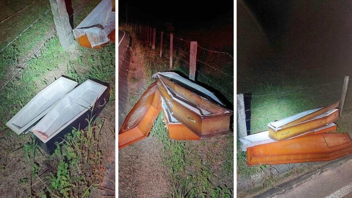Mistério em rodovia com caixões abandonados mobiliza a polícia e câmera de segurança flagra caminhão no local do descarte