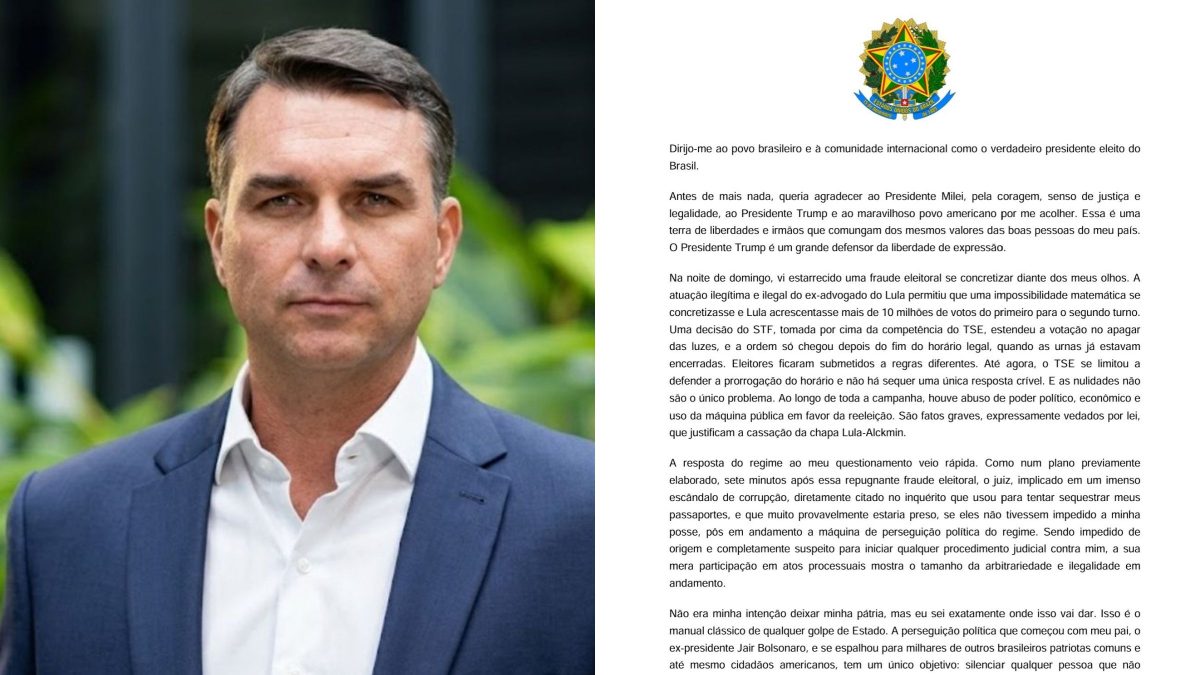 ‘Não fugi do Brasil’: Flávio Bolsonaro se declara o ‘verdadeiro presidente eleito’ e denuncia fraude eleitoral