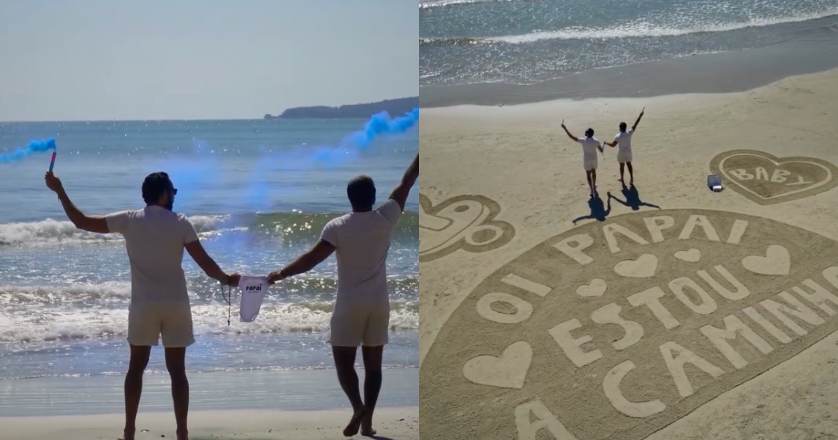 Com mensagem na areia da praia, empresário e personal trainer realizam sonho de serem pais e revelam sexo do filho gerado por barriga solidária em SC