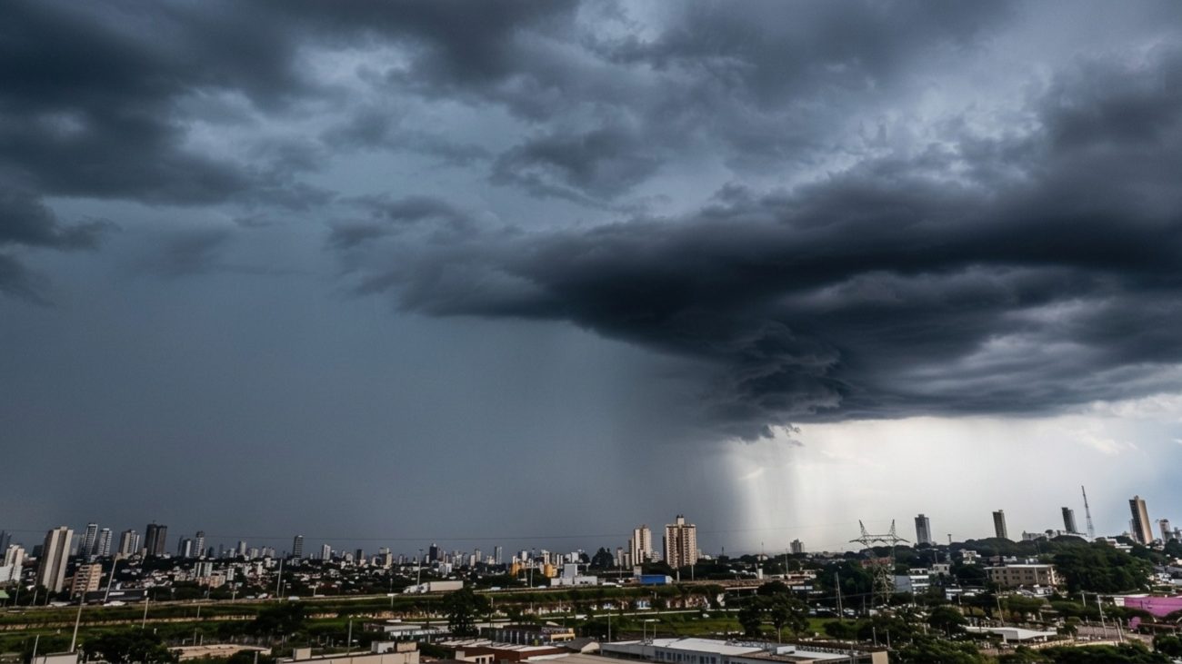 Chuva intensa se aproxima de uma área urbana sob nuvens carregadas, com uma cortina de precipitação visível ao fundo.