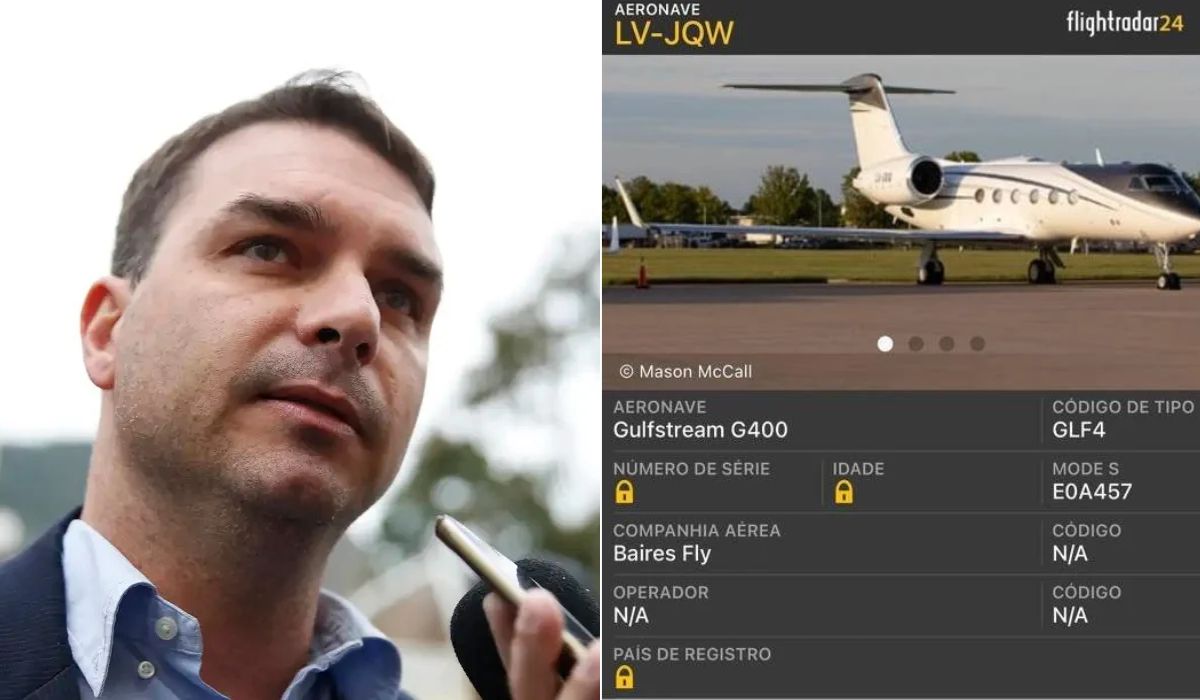 Montagem com Flávio Bolsonaro à esquerda e captura de tela do Flightradar24 à direita, mostrando informações do jato Gulfstream G400, de matrícula LV-JQW, operado pela Baires Fly