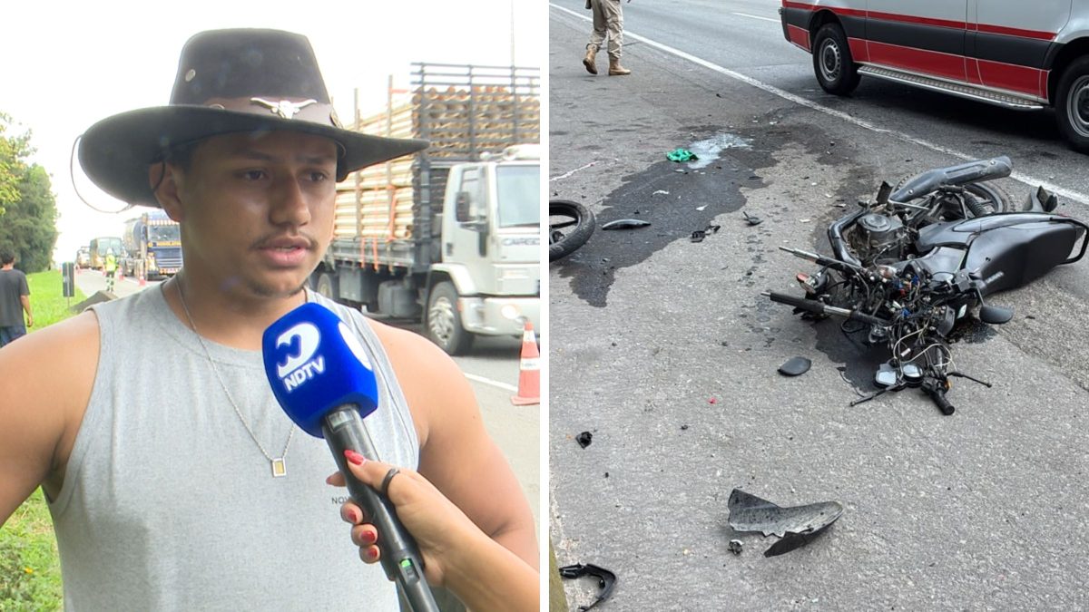 ‘Foi um estouro’: motorista relata acidente em que roda de caminhão se desprendeu e atingiu motociclista e passageiro em Joinville
