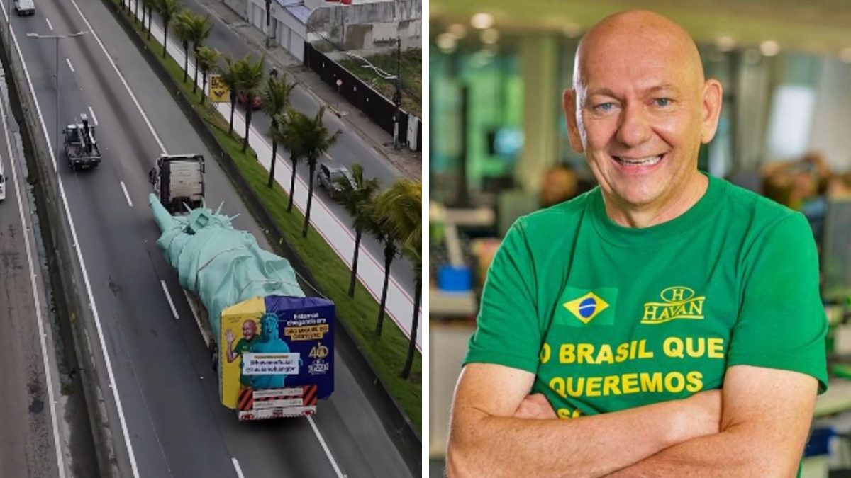 Luciano Hang mostra Estátua da Liberdade da Havan de R$ 1,5 milhão que vai percorrer 600 km em carreta por SC
