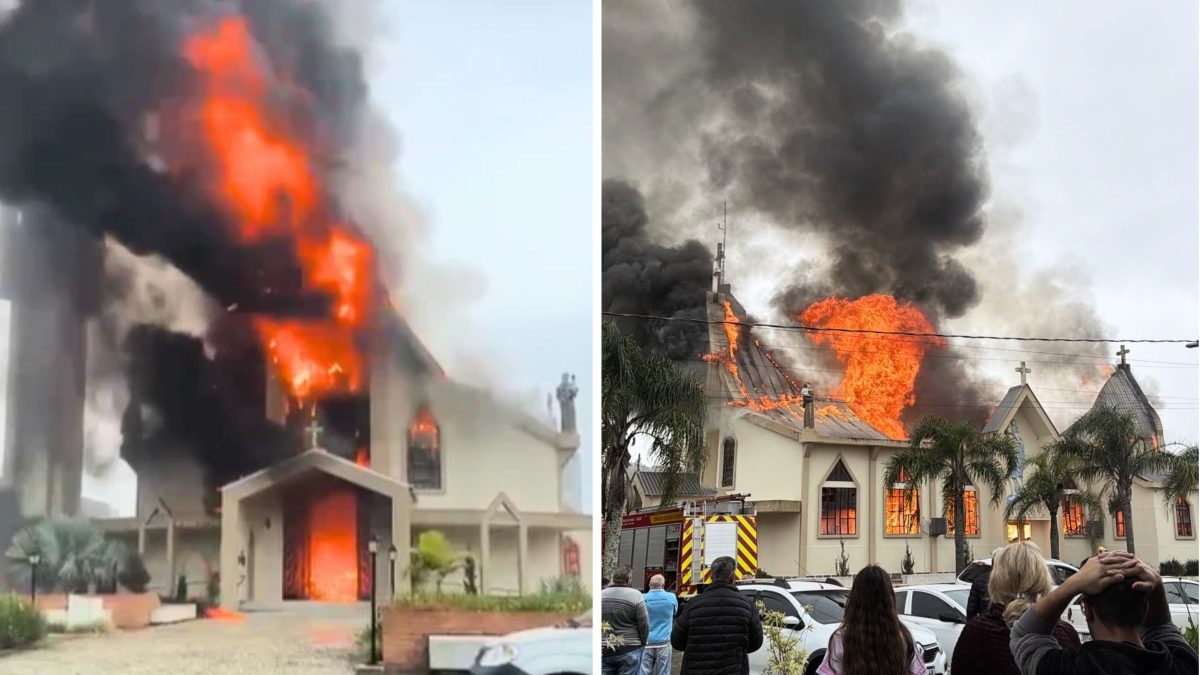 Incêndio de grandes proporções cobre paróquia de fumaça e destrói interior de templo histórico em cidade do Sul de SC