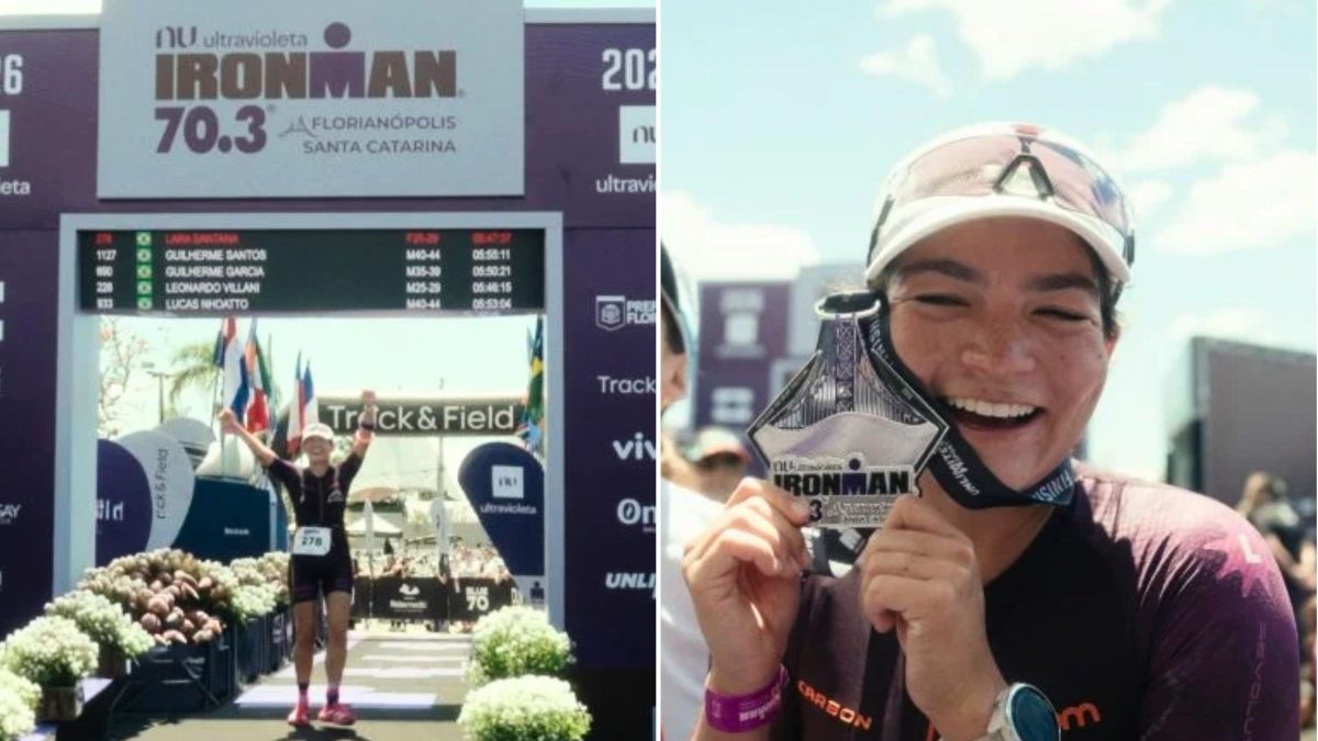 Conhecida pelo humor, influenciadora Lara Santana completa 113 km do Ironman 70.3 em Florianópolis e comemora nas redes