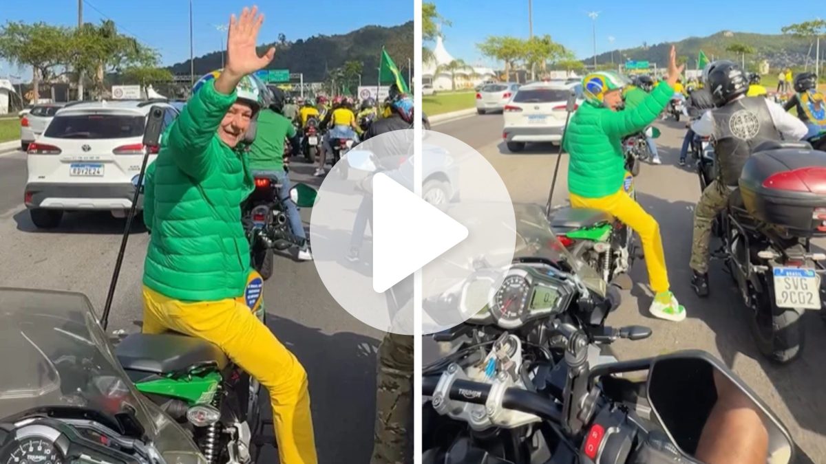 ‘Moto Patriota’ de Luciano Hang chama atenção em motociata de Flávio Bolsonaro em SC