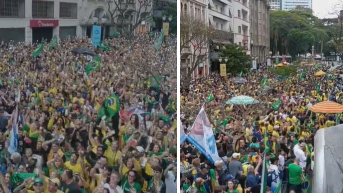 Multidão toma ruas de Curitiba em ato de apoio a Flávio Bolsonaro com presença de Sérgio Moro, Jorginho Mello e Zucco