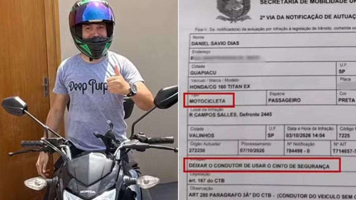 Homem é multado por andar de moto sem cinto de segurança em cidade que nunca esteve