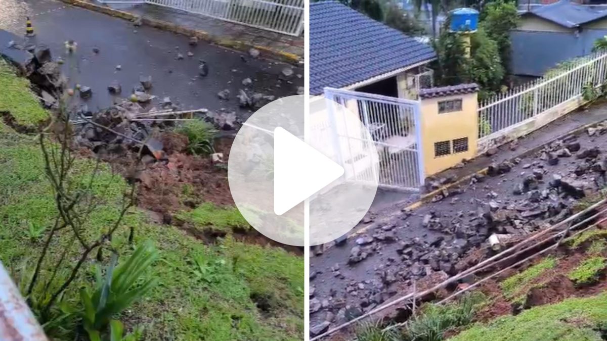 VÍDEO: Muro de pedra que sustenta igreja desaba após chuva intensa e deixa rua interditada em SC