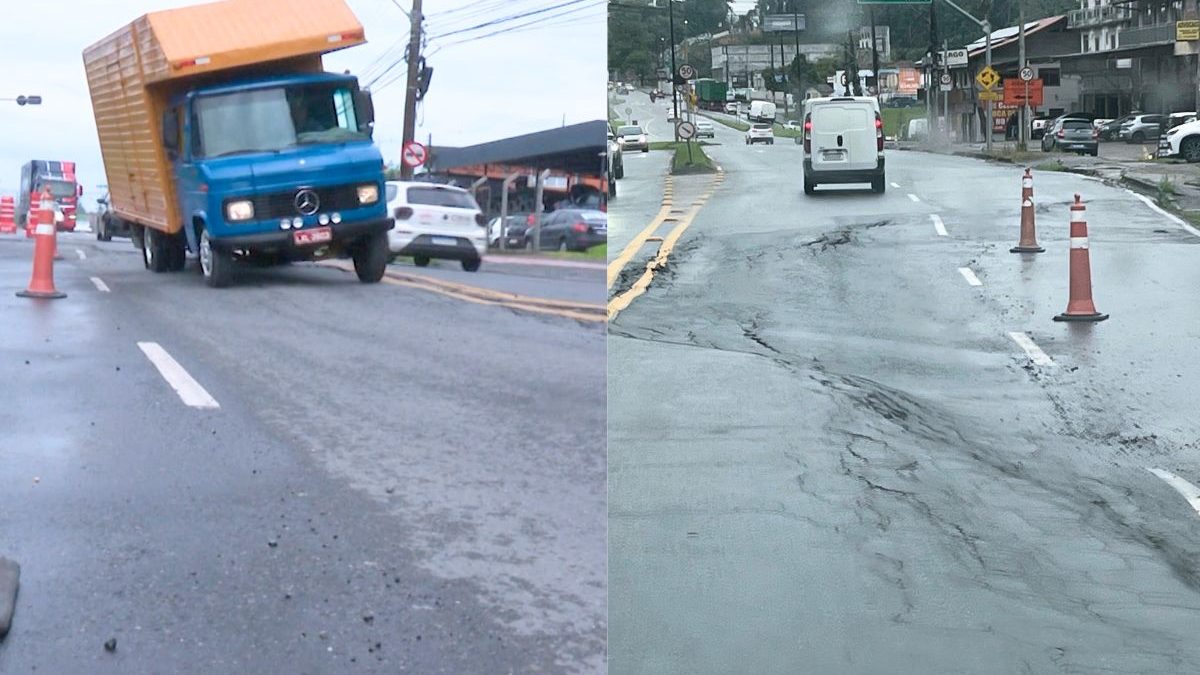 FOTOS: Asfalto afunda, vira ‘degrau’, faz caminhões inclinarem, interdita faixa de rua estratégica e revela problema que persiste há 18 anos em Blumenau