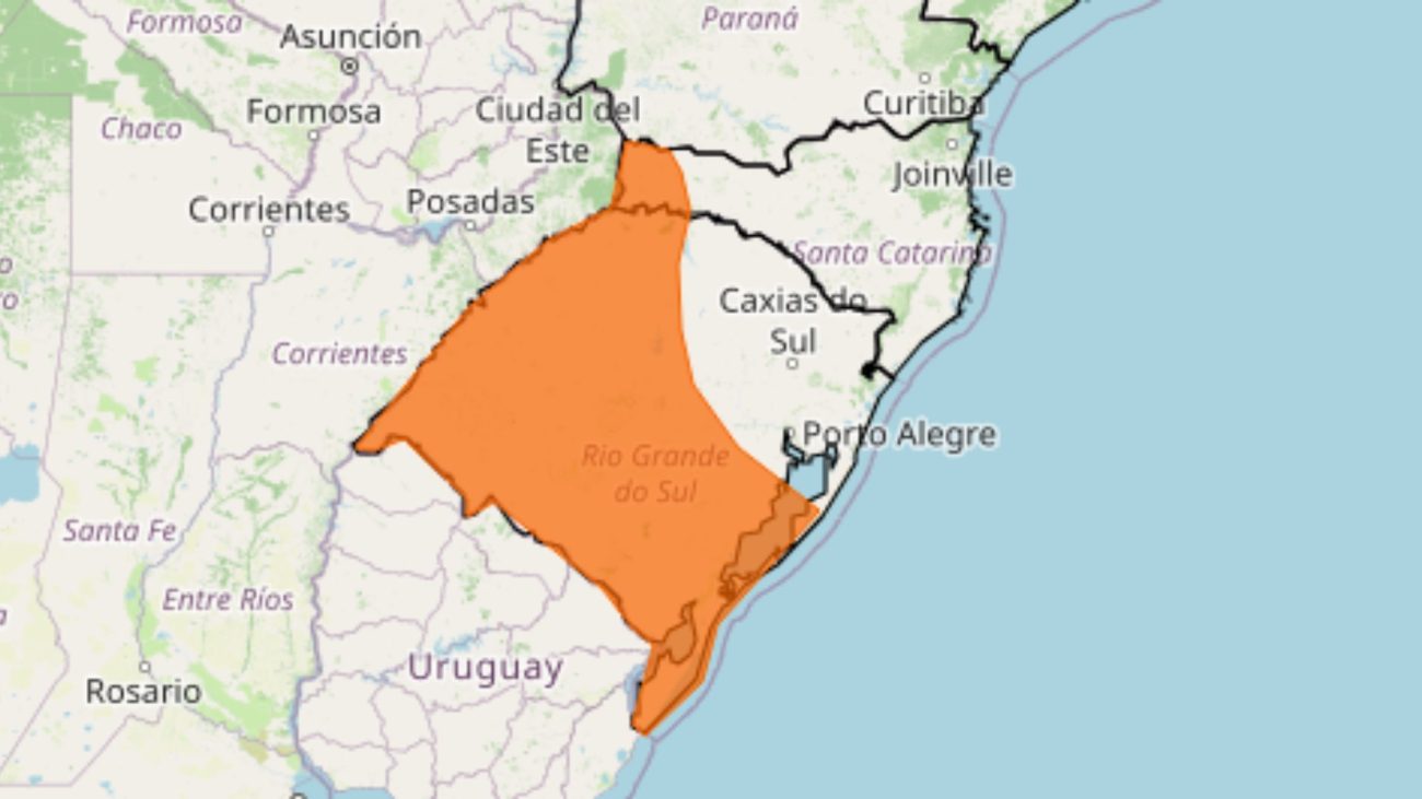 O alerta em vigor abrange 313 cidades gaúchas e catarinenses.