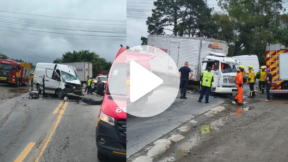 VÍDEO: Colisão entre caminhão e van deixa motoristas feridos e complica trânsito na BR-470 em Blumenau