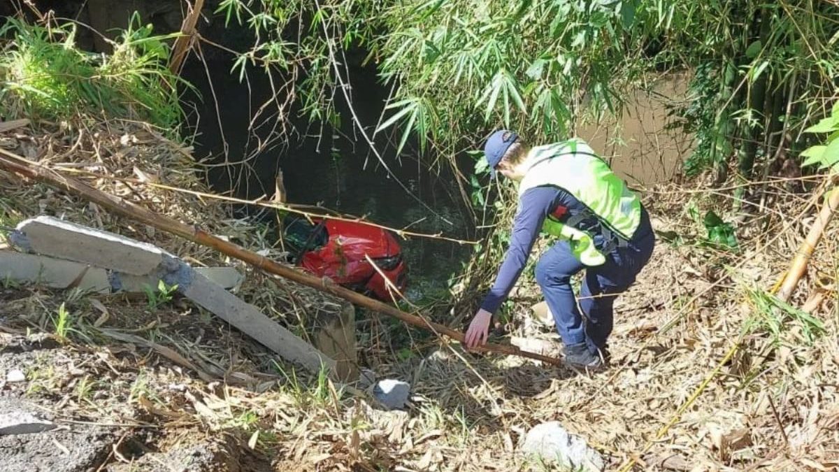 FOTOS: Idoso passa mal, perde controle e carro cai de ribanceira de 10 metros em Blumenau