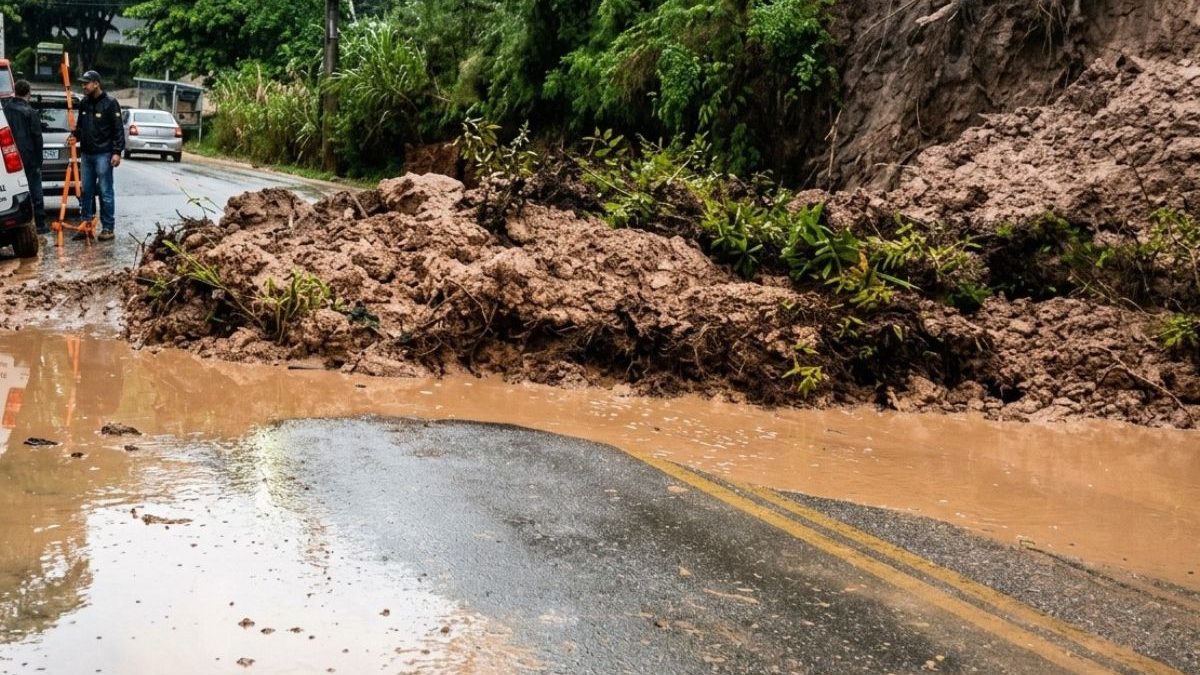 Deslizamento de terra deixa rua parcialmente interditada e acende alerta para novas quedas de barreira com as fortes chuvas em SC