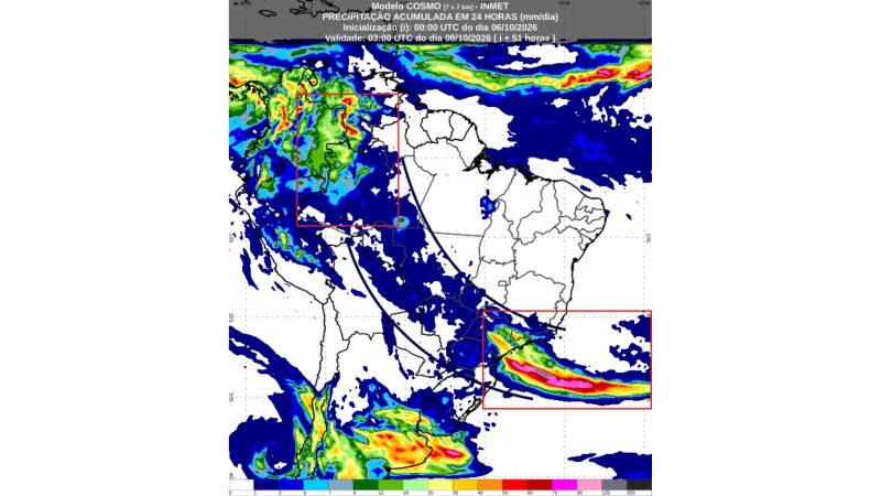 Previsão de acumulados de chuva para quarta-feira. Os maiores volumes são esperados entre o Litoral do Sudeste e o Oceano Atlântico - Inmet/ND Mais