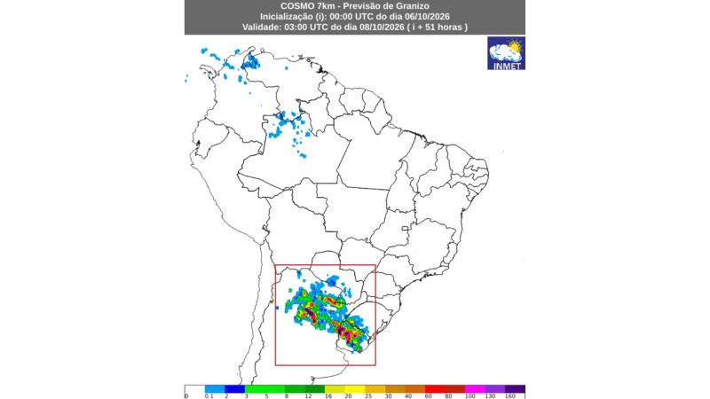 Previsão de granizo entre a noite de quarta-feira e a madrugada de quinta-feira. As primeiras instabilidades avançam pelo Sul do Brasil - Inmet/ND Mais