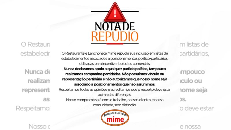 Restaurantes de Jaraguá do Sul repudiam inclusão em listas de boicote após eleição e negam apoio partidário - Divulgação/Restaurante e Lanchonete Mime/ND Mais