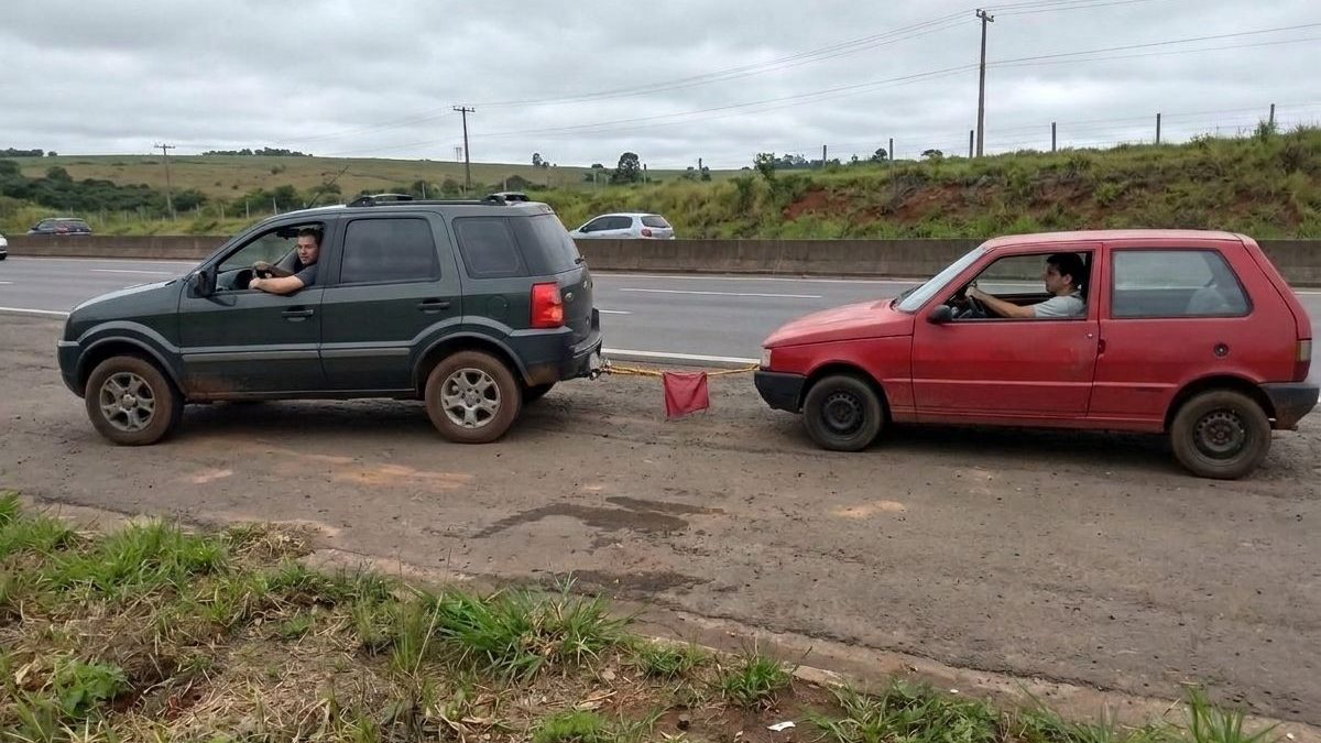 Rebocar carro com corda pode render multa de R$ 130,16 e quatro pontos na CNH, mesmo quando os dois veículos conseguem andar - Foto