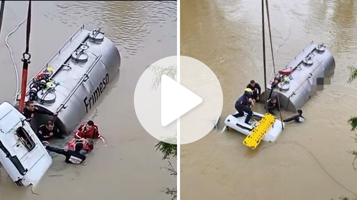 Vídeo registra resgate impressionante de motorista de 66 anos que ficou preso a caminhão submerso em rio de SC