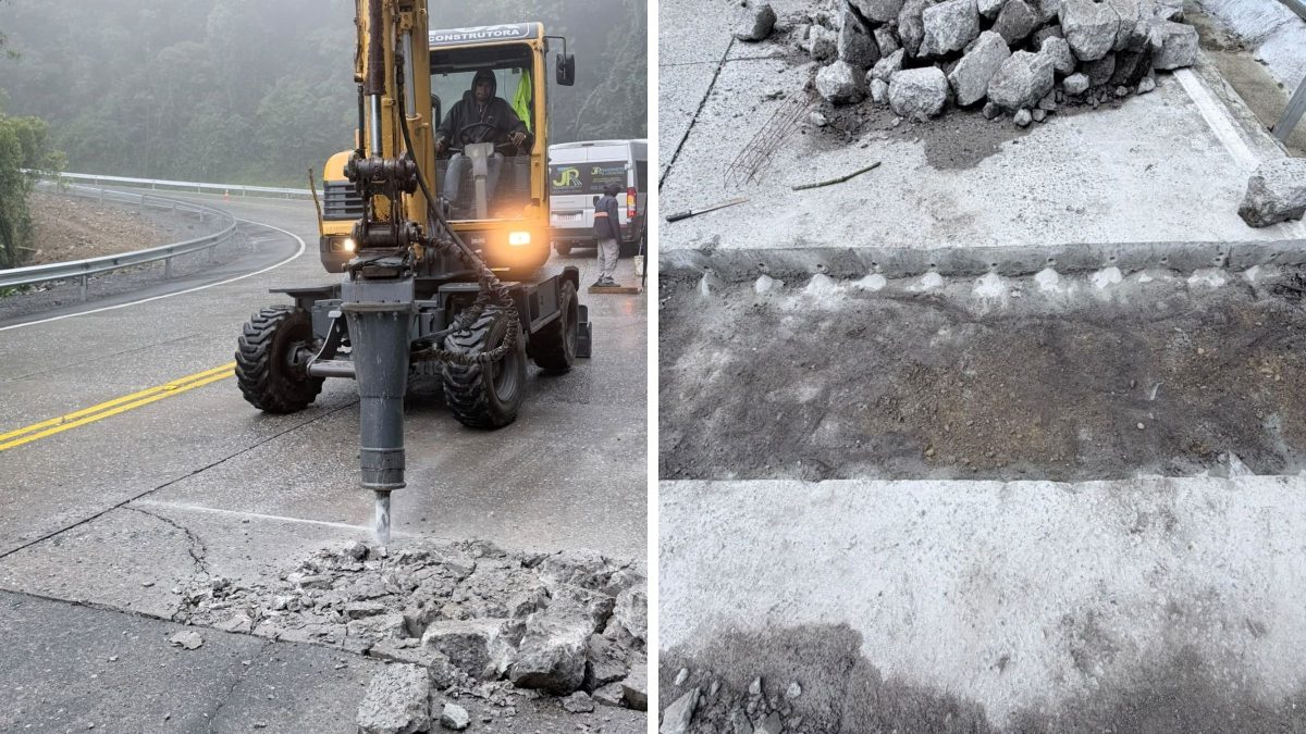 Placas de concreto trincadas são trocadas durante obra de restauração em serra de SC