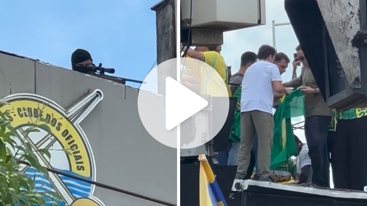 Sniper armado é flagrado no alto de prédio durante ato de Flávio Bolsonaro em Vitória: ‘Respeito e admiração por essa profissão’