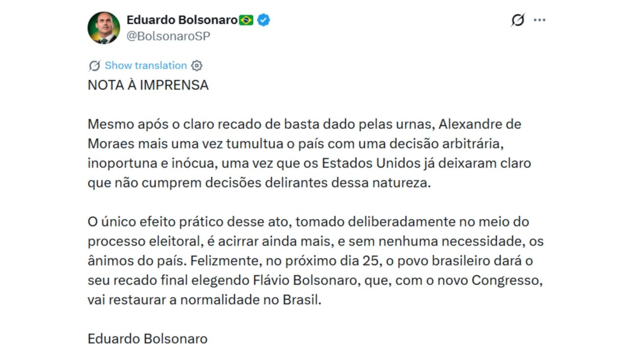 'Arbitrária': Eduardo Bolsonaro critica decisão de Moraes e diz que medida acirra ânimos no país