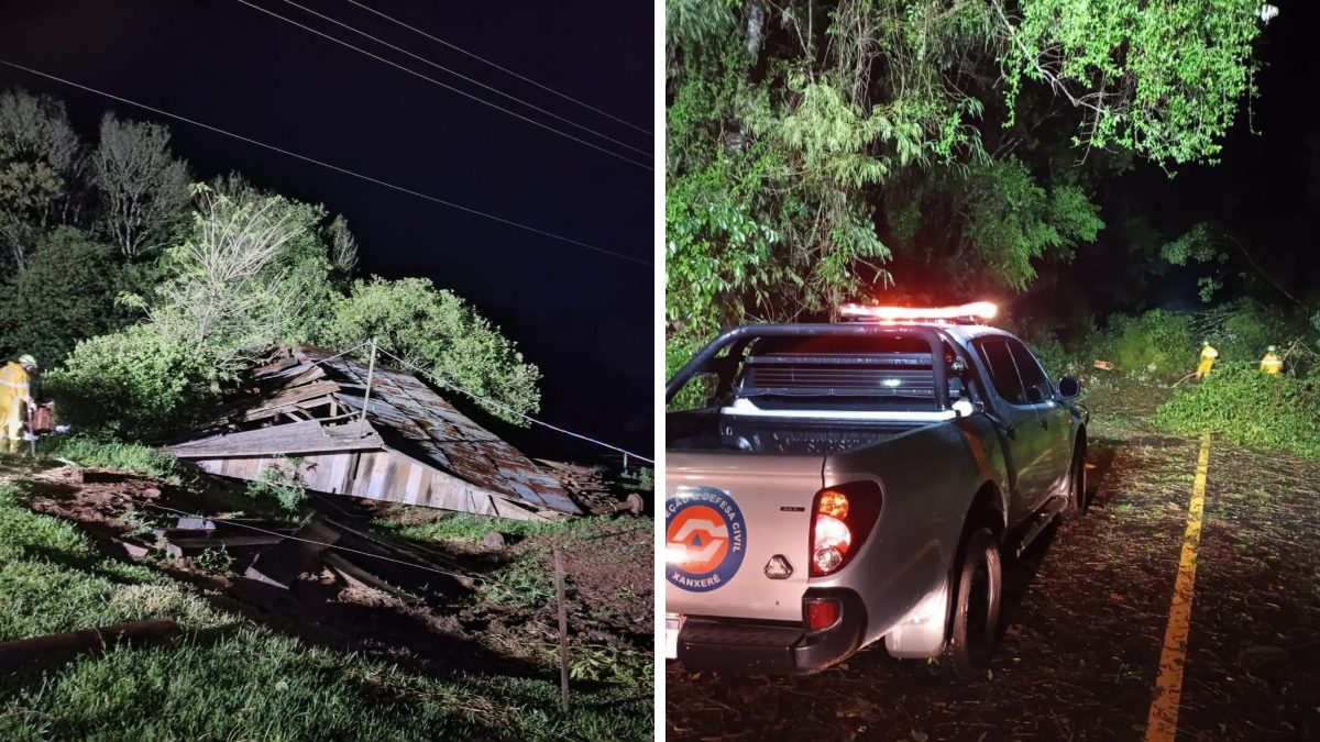 Ventos de quase 70 km/h derrubam galpões, bloqueiam rodovias e mobilizam distribuição emergencial de lonas para famílias em SC